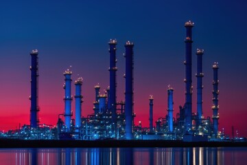 Illuminated industrial refinery at dusk with towering smokestacks against a vibrant sunset sky