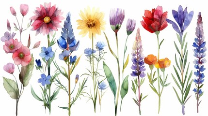Elegant watercolor botanical illustration of assorted blooming flowers in vibrant colors, hand painted and isolated on a clean white background, perfect for spring and summer designs