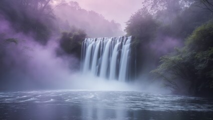 Fototapeta premium A beautiful waterfall cascades into a mystical purple and pink setting.