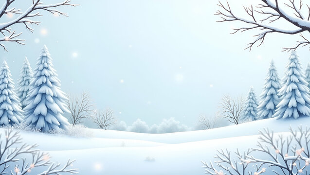 Flat Winter snow seamless pattern with snow covered trees frosty branches and sparkling snowflakes for a magical winter look concept as Magical winter snow pattern with snow covered trees frosty branc