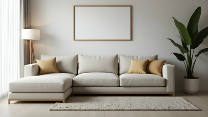 Stylish Flat Sofa Arrangement in Cozy Living Room with Picture Frame on Wall: A Perfect Blend of Comfort and Modern Home Decor in Simple Vector Illustration