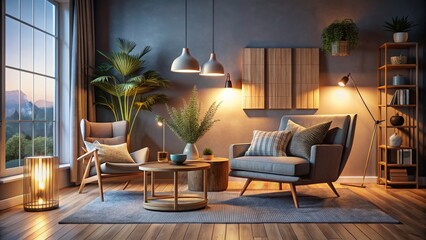 Stylish Scandinavian Living Room Night Photography: Cozy Design Chair & Accessories