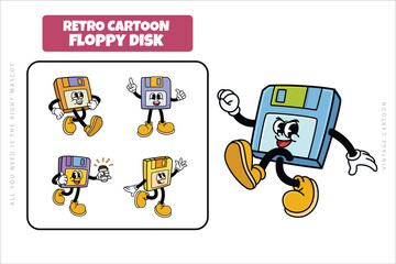 Set of Traditional Floppy Disk Cartoon Illustration with Varied Poses and Expressions