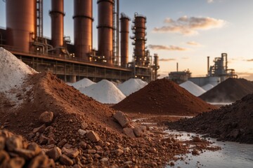 Industrial landscape showcasing piles of various materials in the foreground against a backdrop of a large processing facility with smokestacks