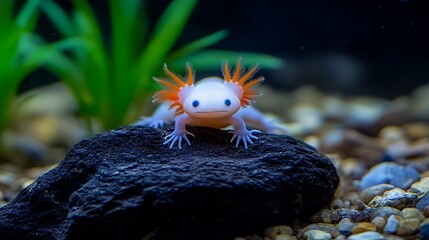 White axolotl with orange gills on rock.