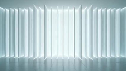 Obraz premium Weave vertical layered panels apply glowing outlines uphold bright white voids realize futuristic tile assembly with creative brand potential concept as Interlace vertical panels in a dimensional weav