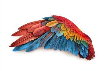 Fototapeta premium Vibrant and colorful bird wing design showcasing intricate feather details in red, blue, and yellow shades, perfect for creative projects.