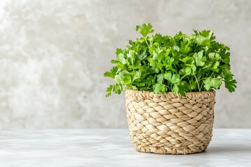Naklejka premium Fresh Parsley in a Woven Basket - Culinary Delight