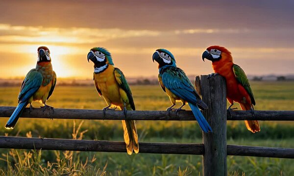 Four colorful parrots perched on a fence at sunset in a serene landscape.