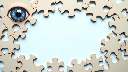 Fototapeta premium Eye and Puzzle Pieces Border Frame: Creative Copy Space for World Sight Day Vision Solutions Concept - Perfect for Problem Solving Themes in Photo Stock