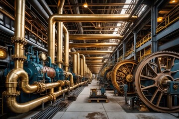 Obraz premium An industrial scene featuring large brass pipes and machinery in a well-lit factory environment, showcasing intricate mechanical designs
