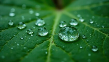 Macro Perspective: Focus on a single leaf's surface, emphasizing the texture and pattern while showcasing droplets as tiny mirrors reflecting their surroundings.