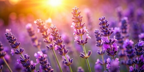 Naklejka premium Sunlit Lavender Macro Photography: Fragrant Purple Blossoms Close Up