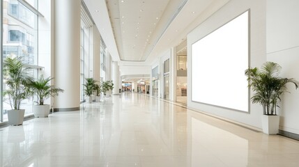 Fototapeta premium a bright and modern shopping mall interior with a large blank advertisement space.