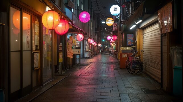 a narrow street in a city decorated with paper lanterns.