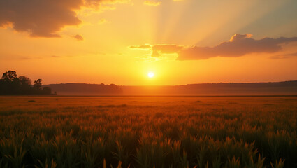 Obraz premium Sunrise over farm fields border providing space for World Farmers Day inspirational messages concept as Sunrise farm fields border offering space for inspirational messages celebrating farmers in Pho