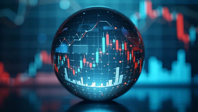 Investor Predictions: Forecasting Stock Market Trends with Candlestick Charts Visualized in a Crystal Globe - A Unique Photo Stock Concept with Empty Space for Customization