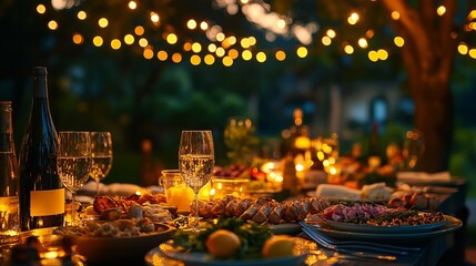 Outdoor evening gathering featuring a table full of delicious food and drinks under string lights