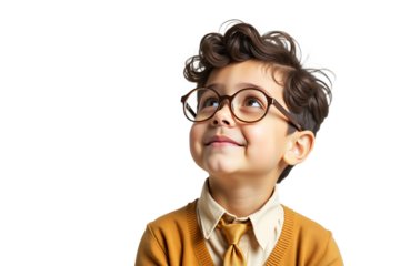 Smiling boy portrait, kid with glasses looking up. Isolated on transparent background. Studio shot for education, childhood, and positive themes.