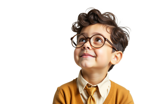 Smiling boy portrait, kid with glasses looking up. Isolated on transparent background. Studio shot for education, childhood, and positive themes.