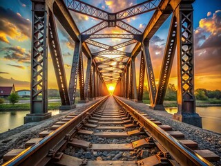 Sunset Railway Bridge - Empty Rails, Summer Evening, Low Angle View