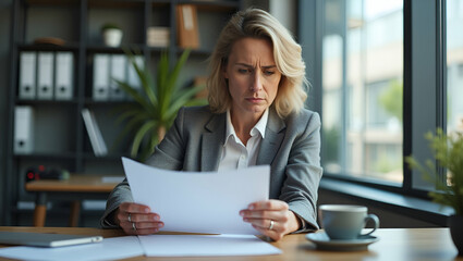 Obraz premium Stressed Mature Businesswoman in Her 40s Reading Bad News at Office Desk: A Photo Concept of a Tired Professional Facing Financial Challenges with Empty Space for Text