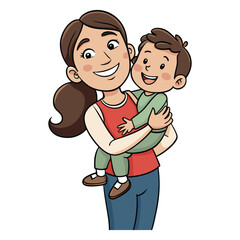 cartoon mom carrying son and both smiling vector illustration with a white background.