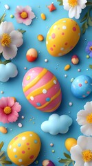 Festive Easter Decor: A delightful assortment of colorful Easter eggs and fresh flowers, arranged in a cheerful and inviting composition, ready to infuse joy and color