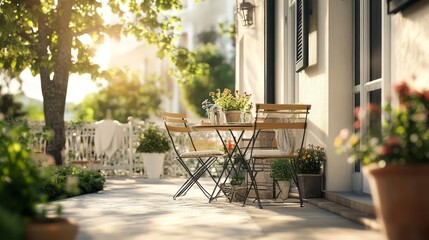Obraz premium a sunny patio with outdoor furniture surrounded by plants.