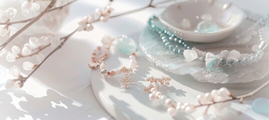Fototapeta premium Elegant Jewelry Banner Design Featuring Delicate Bracelets with Natural Stones in Pastel Tones