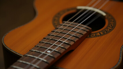 Fototapeta premium Traditional Wooden Folk Guitar: Captivating Acoustic Music Instrument Showcasing Classic Craftsmanship - Perfect for Stock Photos with Space for Text