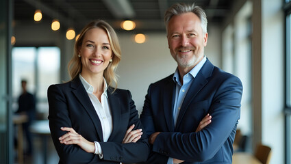 Two happy executive managers mature business man and woman leaders successful partners professional team standing arms crossed in office at work looking at camera vertical portrait. concept as Two hap