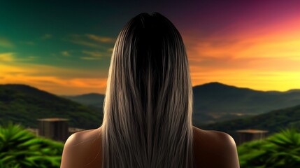 Woman with long hair gazing at sunset over mountains.