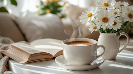 Obraz premium Cozy morning scene coffee, book, daisies
