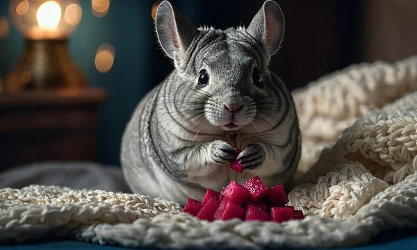 A cute chinchilla munching on colorful treats, surrounded by cozy decor.