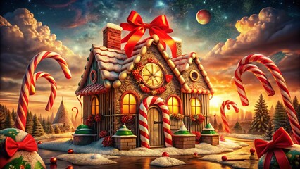 Surreal Gingerbread House with Candy Canes and Red Bow - Festive Holiday Treat