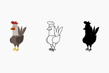Rooster vector illustration. Animal coloring book content. Rooster outline vector. Rooster silhouette picture. Cute animal illustration for children