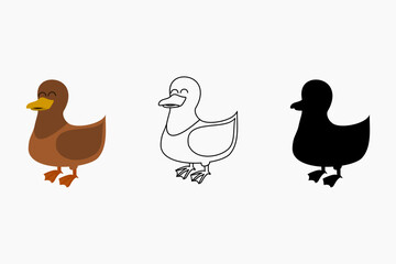 Duck vector illustration. Animal coloring book content. Duck outline vector. Duck silhouette picture. Cute animal illustration for children
