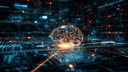 Obraz premium Glowing digital AI brain with intricate neural connections, symbolizing artificial intelligence, technology innovation, and data security concepts.
