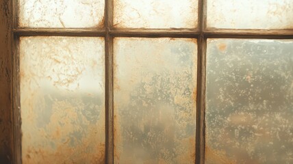 Weathered Window Pane with Rusty Frame and Textured Glass