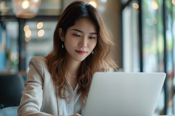 Fototapeta premium The significance of proper ergonomics: Businesswoman demonstrates poor posture while working on laptop at desk