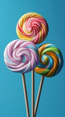 Colorful swirl lollipops against a bright blue background create a cheerful display perfect for candy lovers of all ages