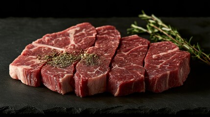 Obraz premium Freshly cut beef steaks seasoned with pepper and herbs ready for grilling or roasting