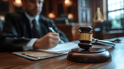 Courtroom setting with judge reviewing case notes and a gavel on the desk during a legal proceeding