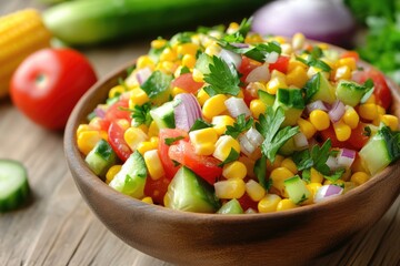 Vibrant Summer Corn Salad: A Refreshing Vegan Bowl with Sweet Corn, Juicy Tomatoes, Crisp Cucumbers, Zesty Red Onions, and Fresh Parsley