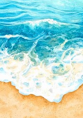 Fototapeta premium a watercolor painting of ocean waves crashing on a sandy beach.