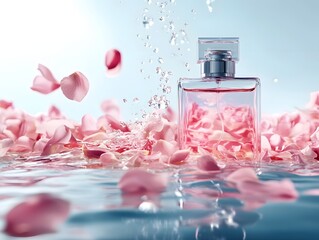 Perfume bottle submerged in floral water