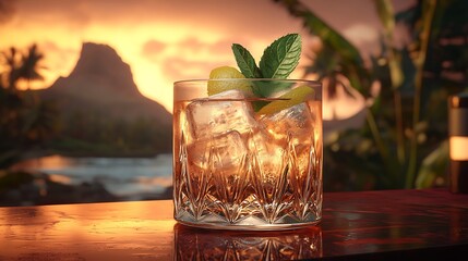 Tropical sunset cocktail, relaxing drink, ocean view, digital illustration, perfect vacation