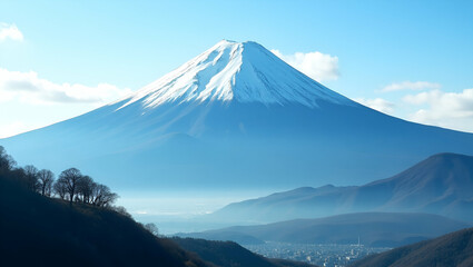 Fototapeta premium Stunning Flat Vector Illustration of Mount Fuji: Captivating Japanese Landscape Showcasing Iconic Scenery and Serene Natural Beauty in a Cute, Business-Friendly Design
