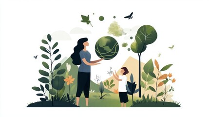 a mother and child playing with a globe in a green natural environment.